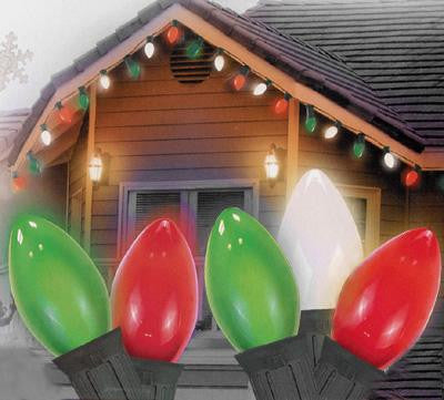 Set of 25 Opaque Green, Clear White, and Red C9 Christmas Lights - Green Wire