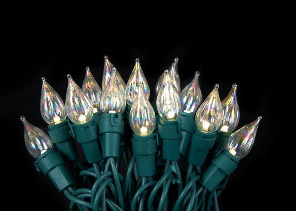 Set of 50 Warm White Twinkle Flame Tip Glass Bulb C5 Mini Christmas Lights - Green Wire