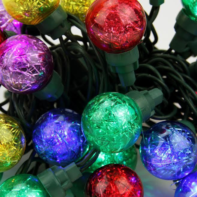 Set of 25 Multi-Color Tinsel Wide Angle LED G30 Globe Christmas Lights - Green Wire