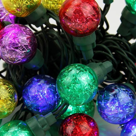 Set of 25 Multi-Color Tinsel Wide Angle LED G30 Globe Christmas Lights - Green Wire