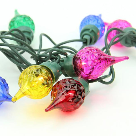 Set of 35 Multi-Color Facted Flame Tip Glass Bulb C5 Mini Christmas Lights - Green Wire