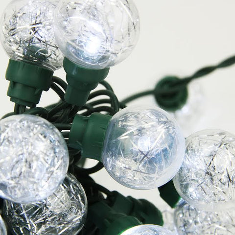 Set of 25 Clear Tinsel Wide Angle LED G30 Globe Wedding Christmas Lights - Green Wire