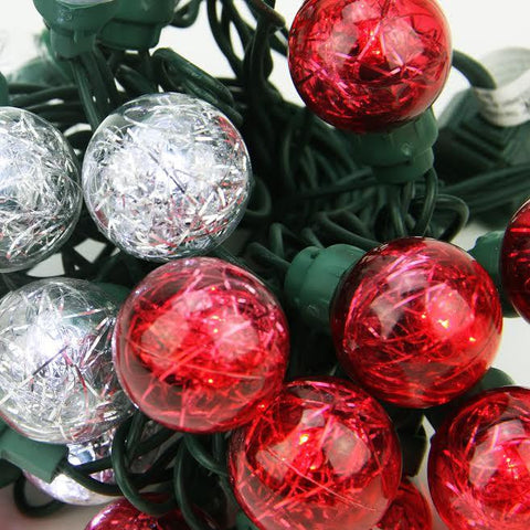 Set of 25 Red and Pure White Tinsel Wide Angle LED G30 Globe Valentines Day Christmas Lights - Green Wire