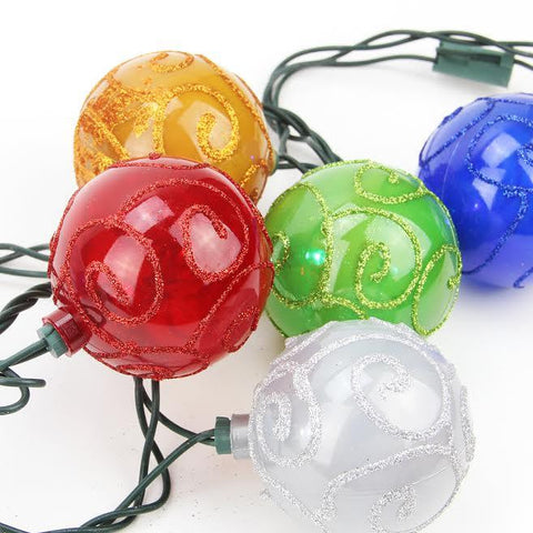 Set of 10 Multi-Color Glitter Swirled Ball Globe Patio Christmas Lights - Green Wire