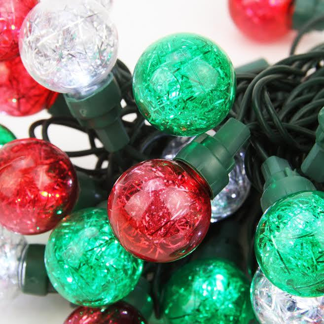 Set of 25 Red, Green, and Pure White Tinsel Wide Angle LED G30 Globe Christmas Lights - Green Wire