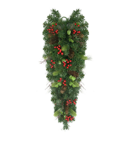 30" Mixed Pine with Red Berries and Pine Cones Artificial Christmas Teardrop Swag - Unlit