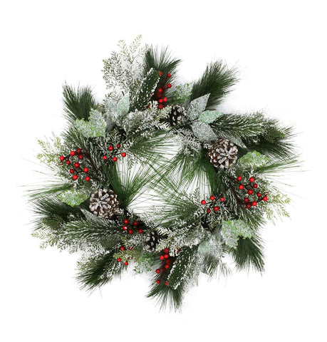 24" Frosted Two-Tone Cedar and Long Needle Pine Berry Artificial Christmas Wreath - Unlit