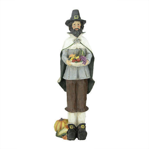 13.75" Autumn Harvest Wood Carved Thanksgiving Pilgrim Man Decorative Figure