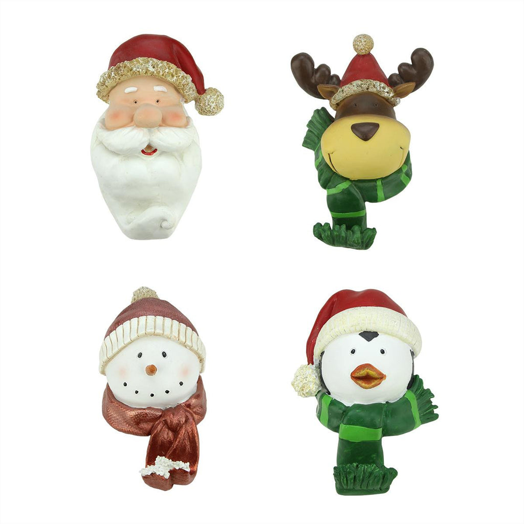 Set of 4 Snowman, Santa Claus, Reindeer and Penguin Head Christmas Stocking Holders 7.25"