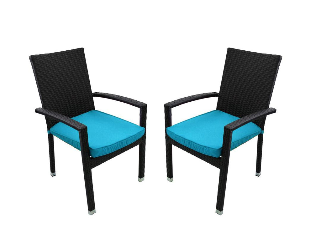 Set of 2 Black Resin Wicker Outdoor Patio Furniture Dining Chairs - Blue Cushions