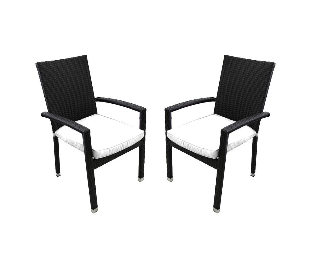 Set of 2 Black Resin Wicker Outdoor Patio Furniture Dining Chairs - White Cushions