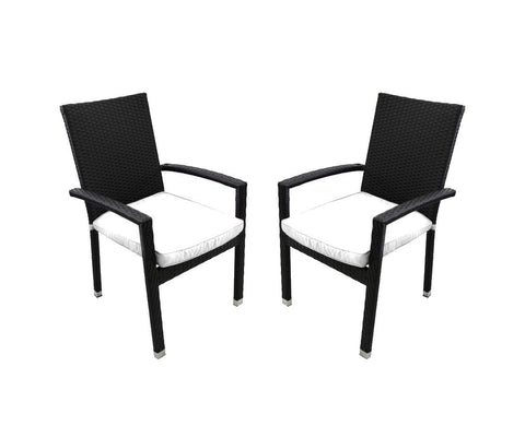 Set of 2 Black Resin Wicker Outdoor Patio Furniture Dining Chairs - White Cushions