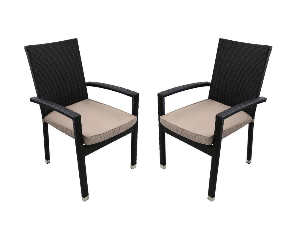 Set of 2 Black Resin Wicker Outdoor Patio Furniture Dining Chairs - Beige Cushions