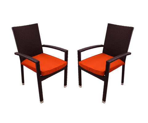 Set of 2 Black Resin Wicker Outdoor Patio Furniture Dining Chairs - Orange Cushions