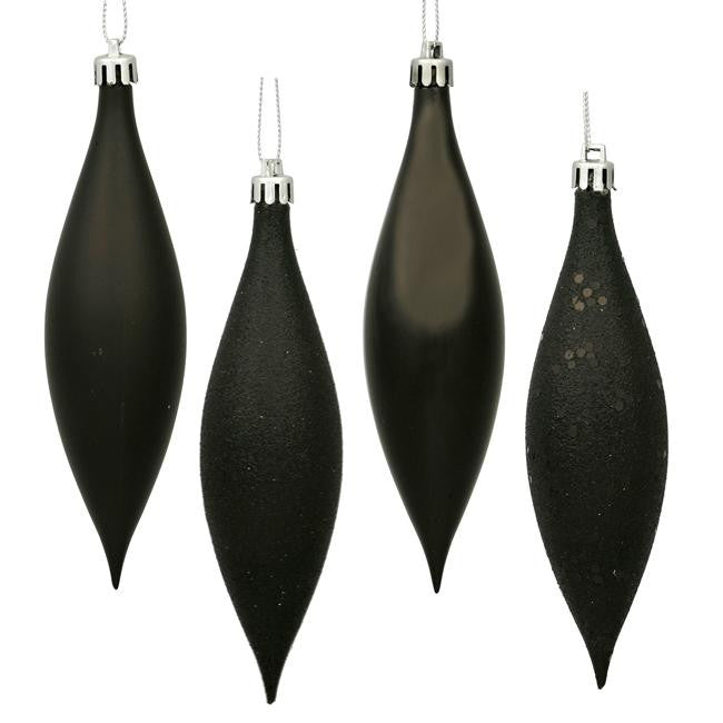 8ct Jet Black Shatterproof 4-Finish Finial Drop Christmas Ornaments 5.5"