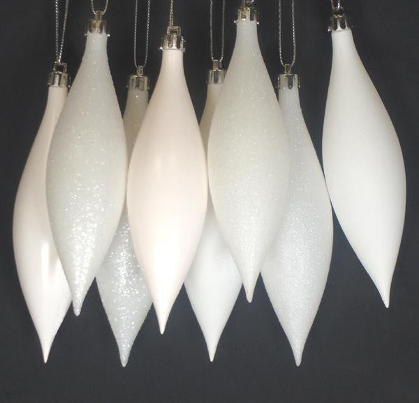 8ct Winter White Shatterproof 4-Finish Finial Drop Christmas Ornaments 5.5"