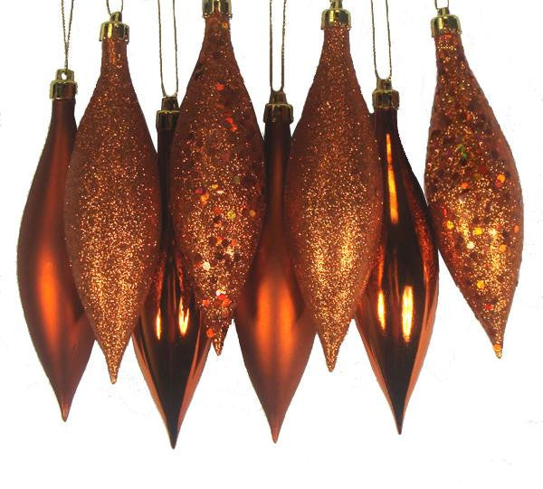 8ct Burnt Orange Shatterproof 4-Finish Finial Drop Christmas Ornaments 5.5"