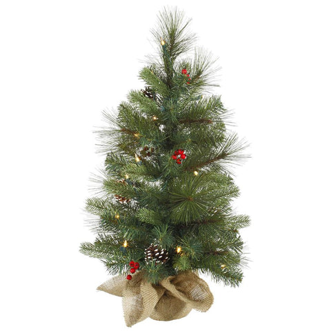 2' Mixed Berry Artificial Christmas Tree w-Burlap Base -Clear Lights