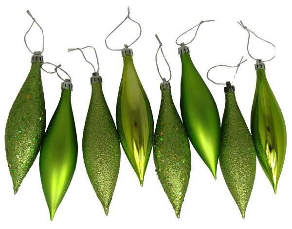 8ct Green Kiwi Shatterproof 4-Finish Finial Drop Christmas Ornaments 5.5"