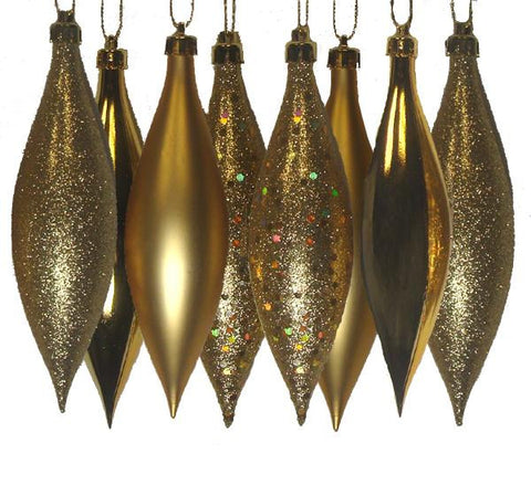 8ct Vegas Gold Shatterproof 4-Finish Finial Drop Christmas Ornaments 5.5"