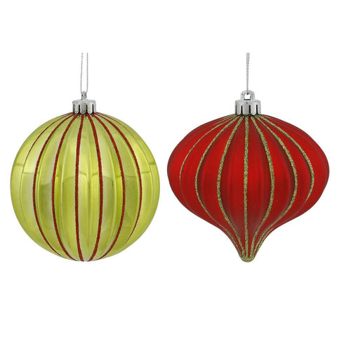 9ct Lime Green & Red Glitter Striped Shatterproof Onion and Ball Christmas Ornaments 4" (100mm)