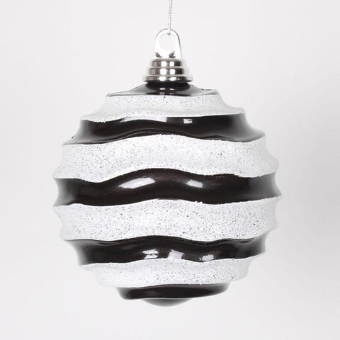 6" (150mm) Classic Black and White Glitter Wave Shatterproof Christmas Ball Ornament