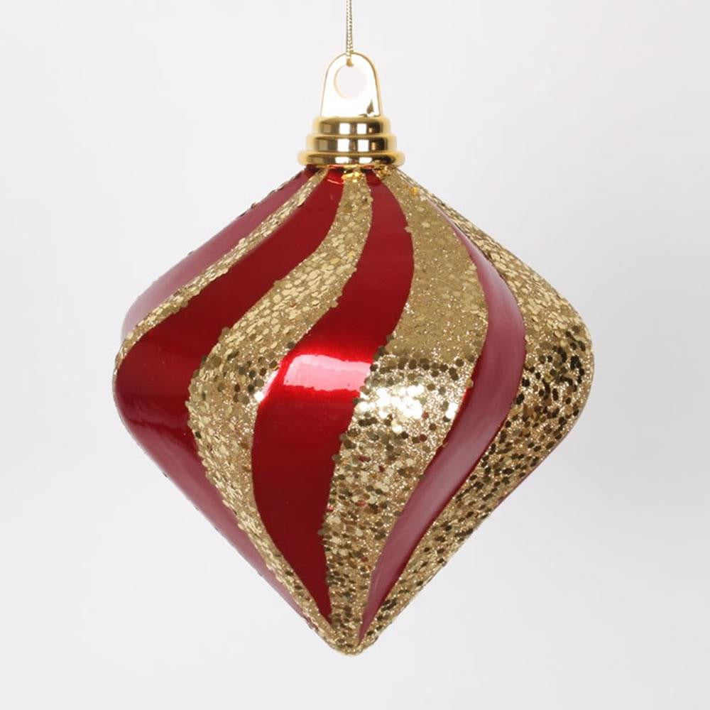 6" Red and Gold Glitter Swirl Diamond Shaped Christmas Ornament