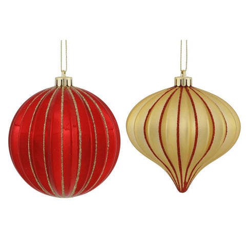 9ct Red & Soft Gold Glitter Striped Shatterproof Christmas Onion and Ball Ornaments 4" (100mm)