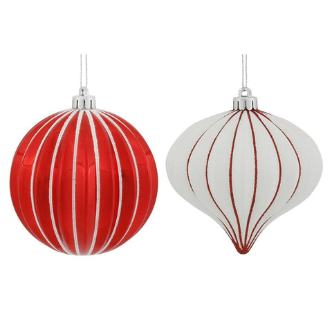 9ct Red & White Glitter Striped Shatterproof Christmas Onion and Ball Ornaments 4" (100mm)