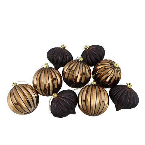 9ct Black & Copper Glitter Striped Shatterproof Christmas Onion and Ball Ornaments 4" (100mm)