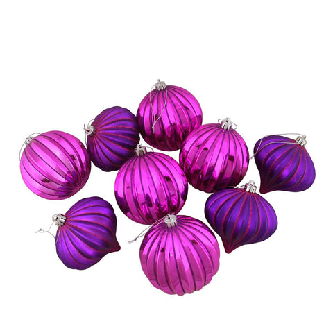 9ct Pink & Purple Glitter Striped Shatterproof Christmas Onion and Ball Ornaments 4" (100mm)