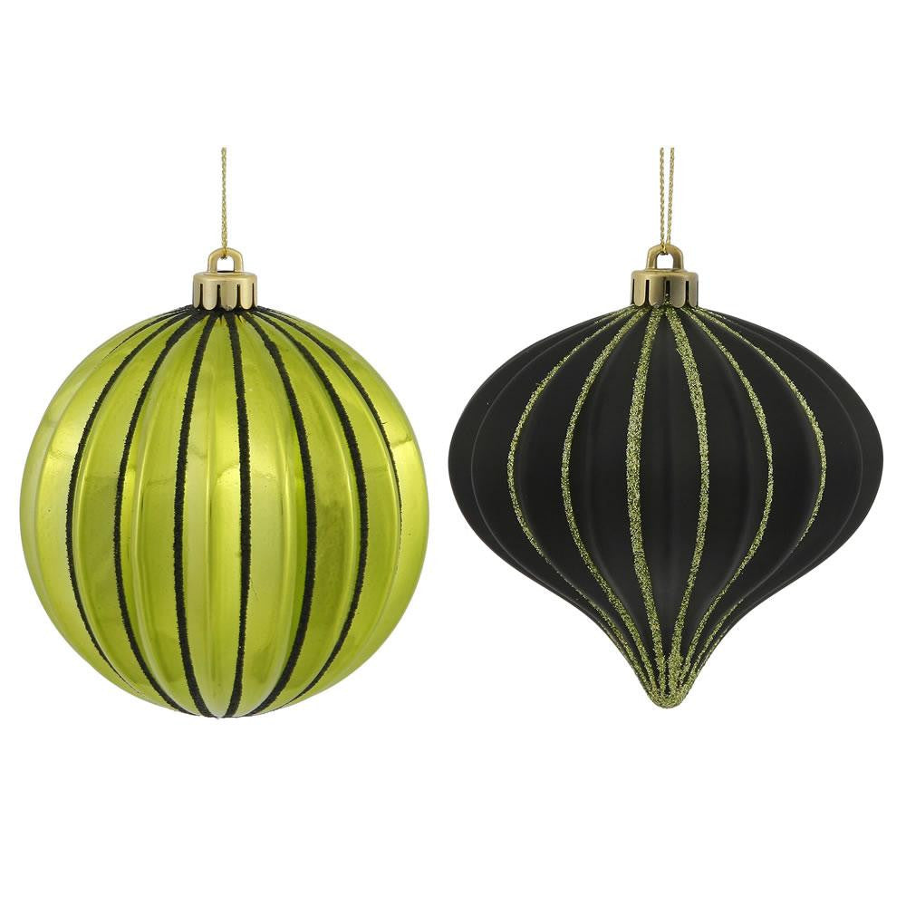 9ct Lime Green & Black Glitter Striped Shatterproof Christmas Onion and Ball Ornaments 4" (100mm)