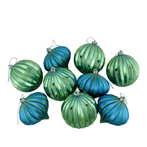 9ct Peacock Blue & Green Glitter Striped Shatterproof Christmas Onion and Ball Ornaments 4" (100mm)