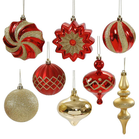 18ct of Red and Gold Finial, Ball, Onion and Star Shatterproof Christmas Ornaments 3"- 6"