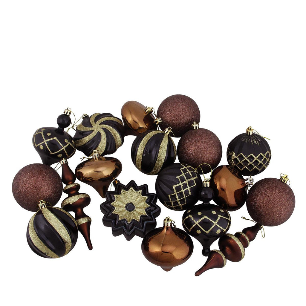 Set of 18 Black, Brown and Gold Ball, Finial and Onion Shatterproof Christmas Ornaments 3"- 6"