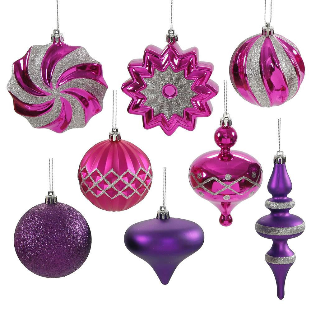 Set of 18 Cerise Pink & Purple Passion Ball, Finial and Onion Shatterproof Christmas Ornaments 3"- 6"