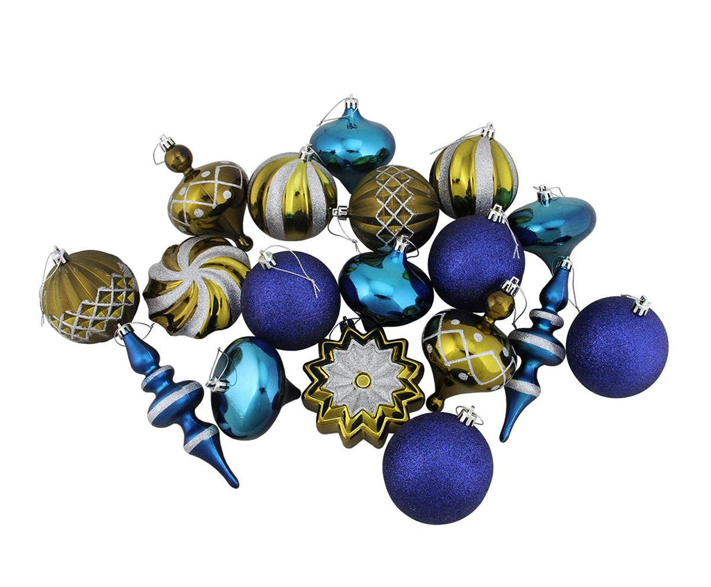 Set of 18 Blue & Antique Brass Ball, Finial and Onion Shatterproof Christmas Ornaments 3"- 6"