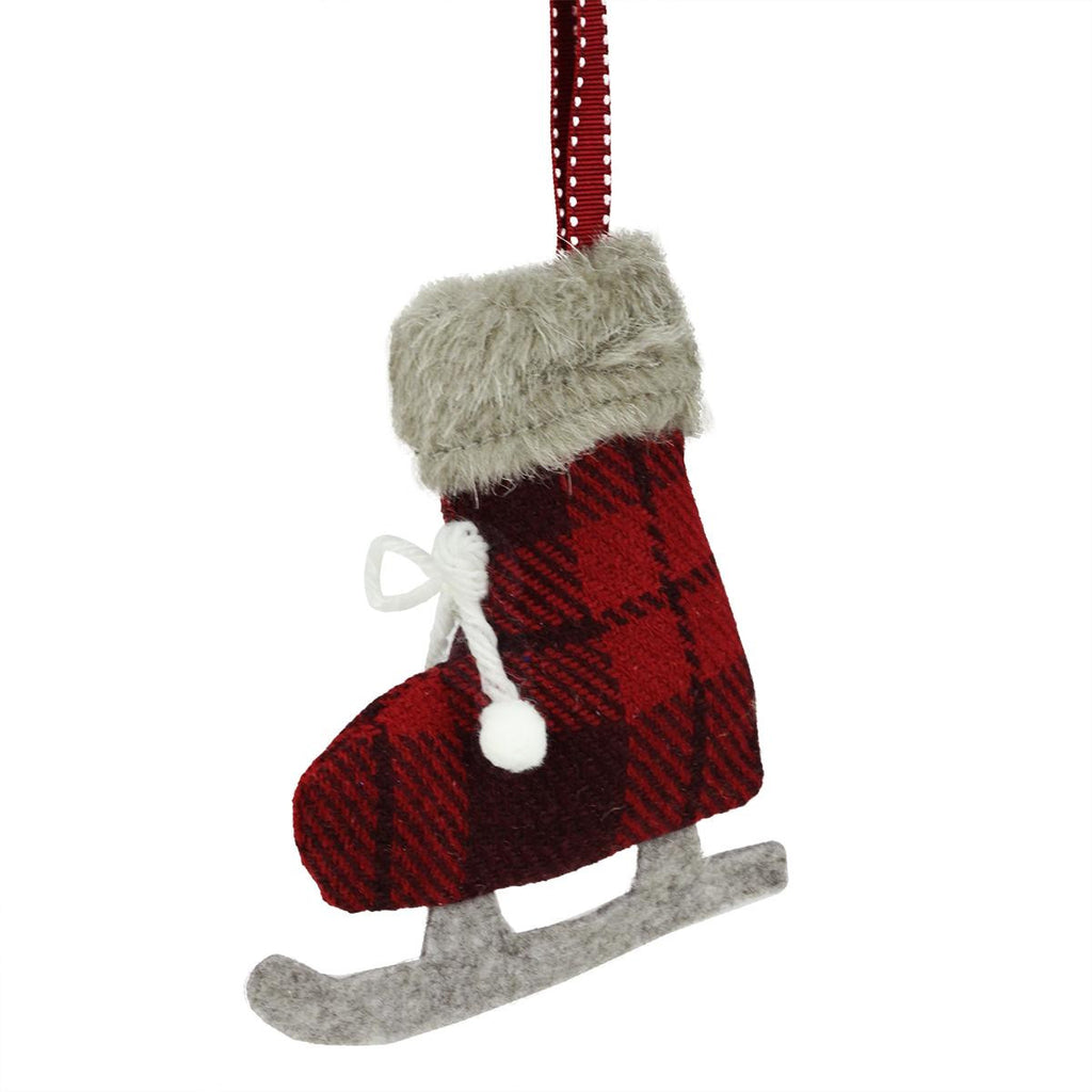 5.5" Red and Black Plaid Plush Knit Ice Skate Christmas Ornament