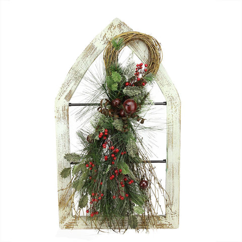 29.5" White Washed Window Frame with Mixed Pine & Berry Swag Christmas Wall Decoration