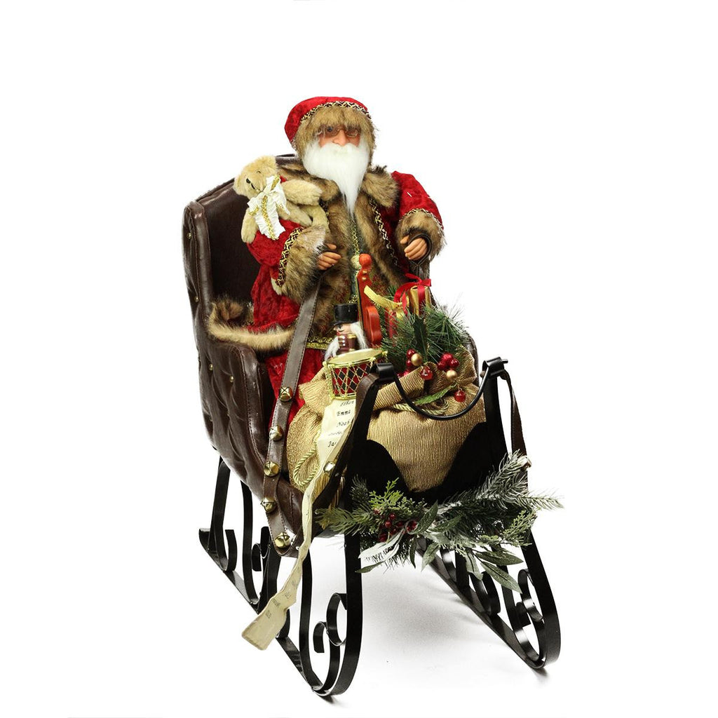 28" Traditional Plush Santa Claus in Sleigh with Gift Bag Statue