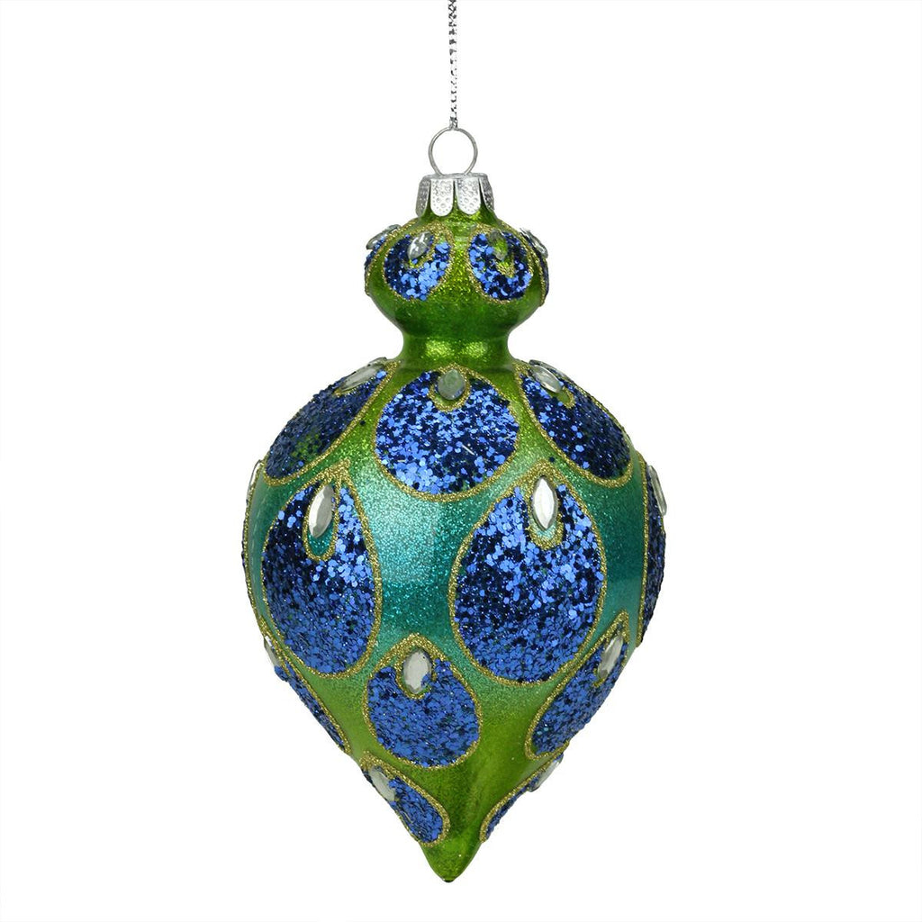 5.25" Regal Peacock Blue and Green Glittered Glass Teardrop Finial Christmas Ornament