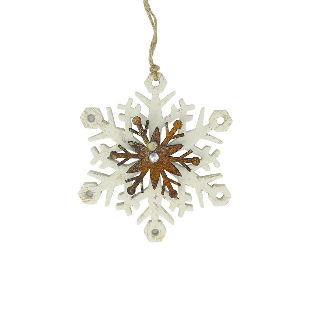 6.75" White and Brown Country Rustic Snowflake Christmas Ornament