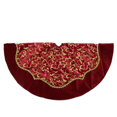 48" Dark Red and Gold Glittered Leaf Flourish Christmas Tree Skirt with Velveteen Trim