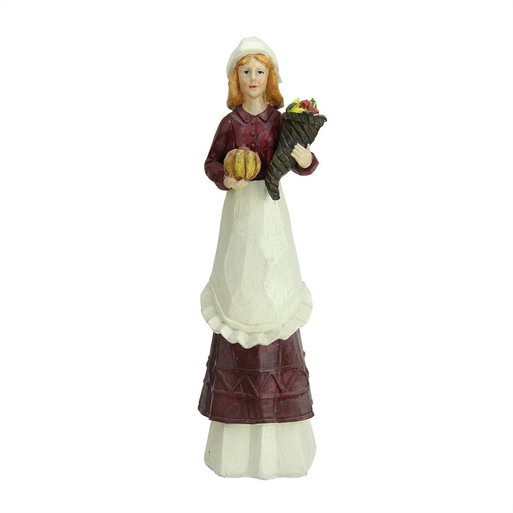 13" Autumn Harvest Wood Carved Thanksgiving Pilgrim Woman Decorative Figure