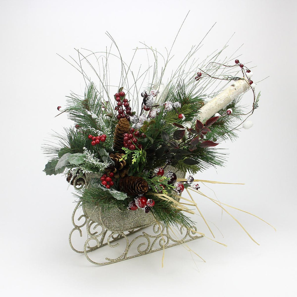 22" Gold Glitter Sleigh Christmas Decoration with Snow Covered Birch, Pine Cones & Frosted Berries