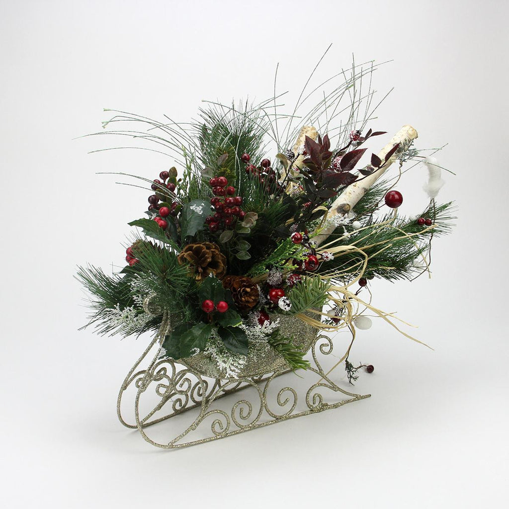 22" Gold Glitter Sleigh Christmas Decoration with Birch, Pine Cones & Frosted Red Berries