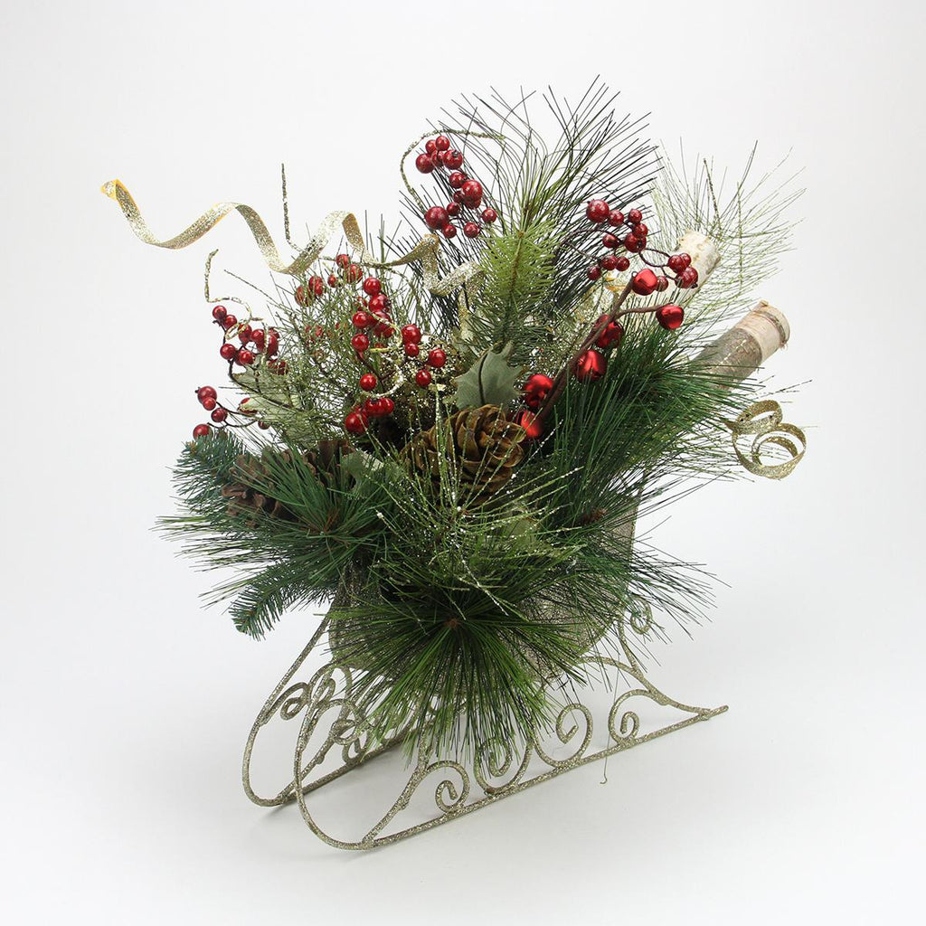 24" Gold Glitter Sleigh Christmas Decoration with Birch, Pine Cones, Berries and Jingle Bells