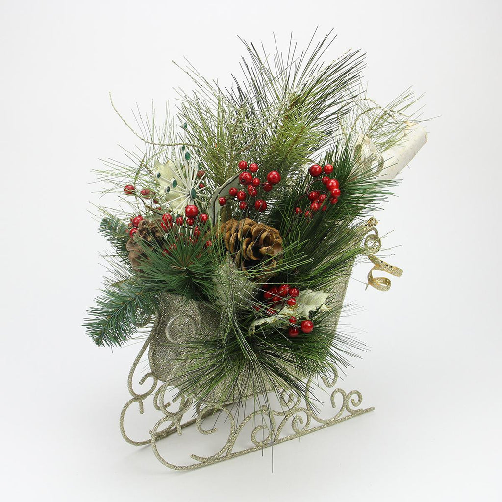 22" Gold Glitter Sleigh Christmas Decoration with Birch, Pine Cones, Berries and Jeweled Burst