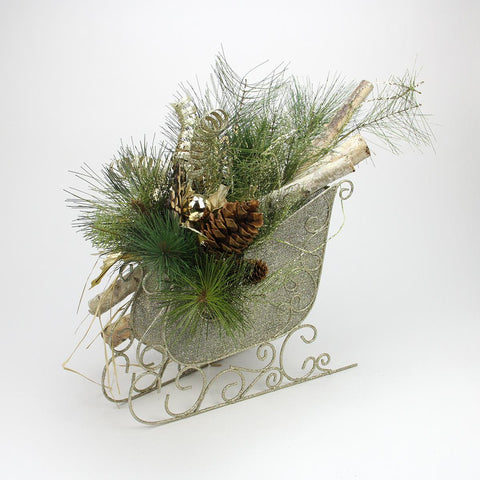 23" Gold Glitter Sleigh Christmas Decoration with Birch, Pine Cones, Gold Swirls and Ornaments