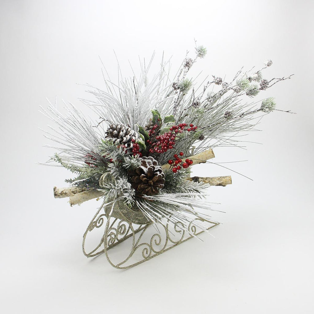 34" Gold Glitter Sleigh Christmas Decoration with Snow Covered Birch, Pine Cones and Red Berries